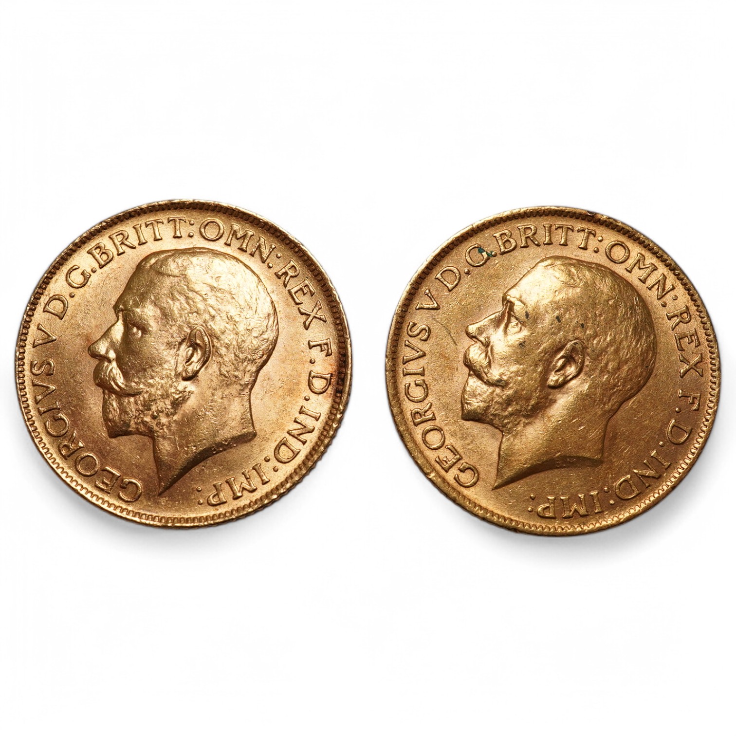 British gold coins, George V, two gold sovereigns, 1911, about UNC and 1912, EF